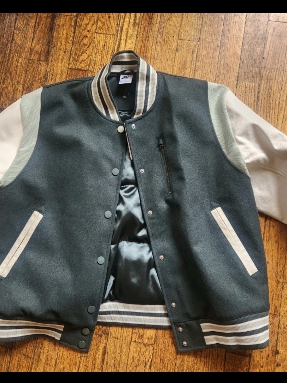 Nike Two-Tone Varsity Bomber Jacket - Dark Gray & Cream